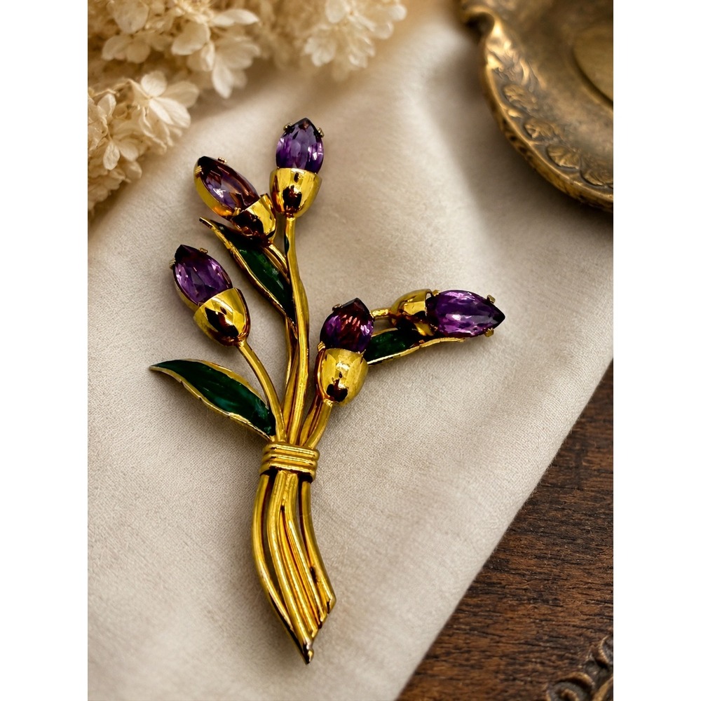 Vintage Gold Tone Purple Glass Enamel Flower Bouquet Brooch Large Statement